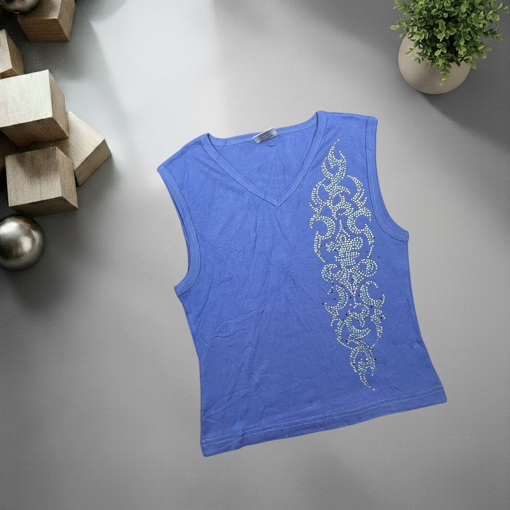 Get Lucky Vintage Y2K Blue Rhinestone Graphic Sleeveless Top XL Mall Goth